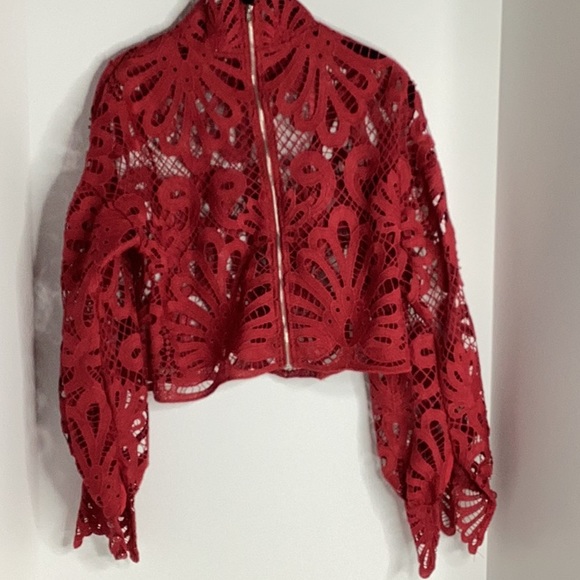 Jin Light Tops - Fashion Trending Sexy Red Lace Crop Top Blouse With Full Lace Collar in size 12